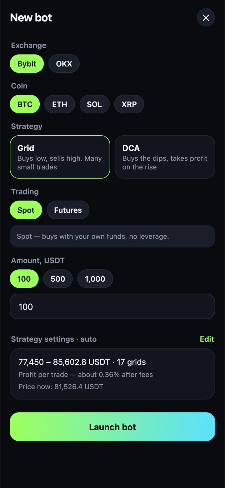 Creating a robot: exchange, coin, strategy, amount and automatic settings